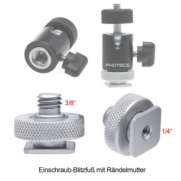 Photecs® Blitzschuh Adapter 3/8", Einschraub-Blitzfuß, komplett aus hochfester Aluminium-Legierung,