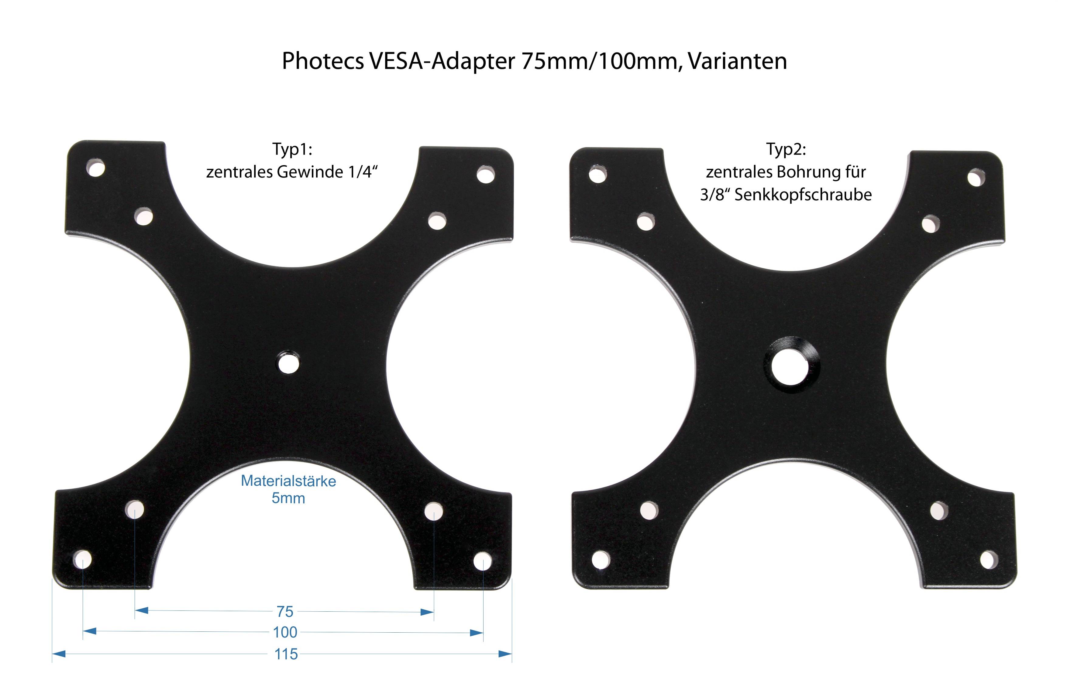Photecs® Universeller VESA Adapter 75x75 und 100x100, zentrale Senkkopf-Bohrung f. M6 oder UNC 1/4"-1