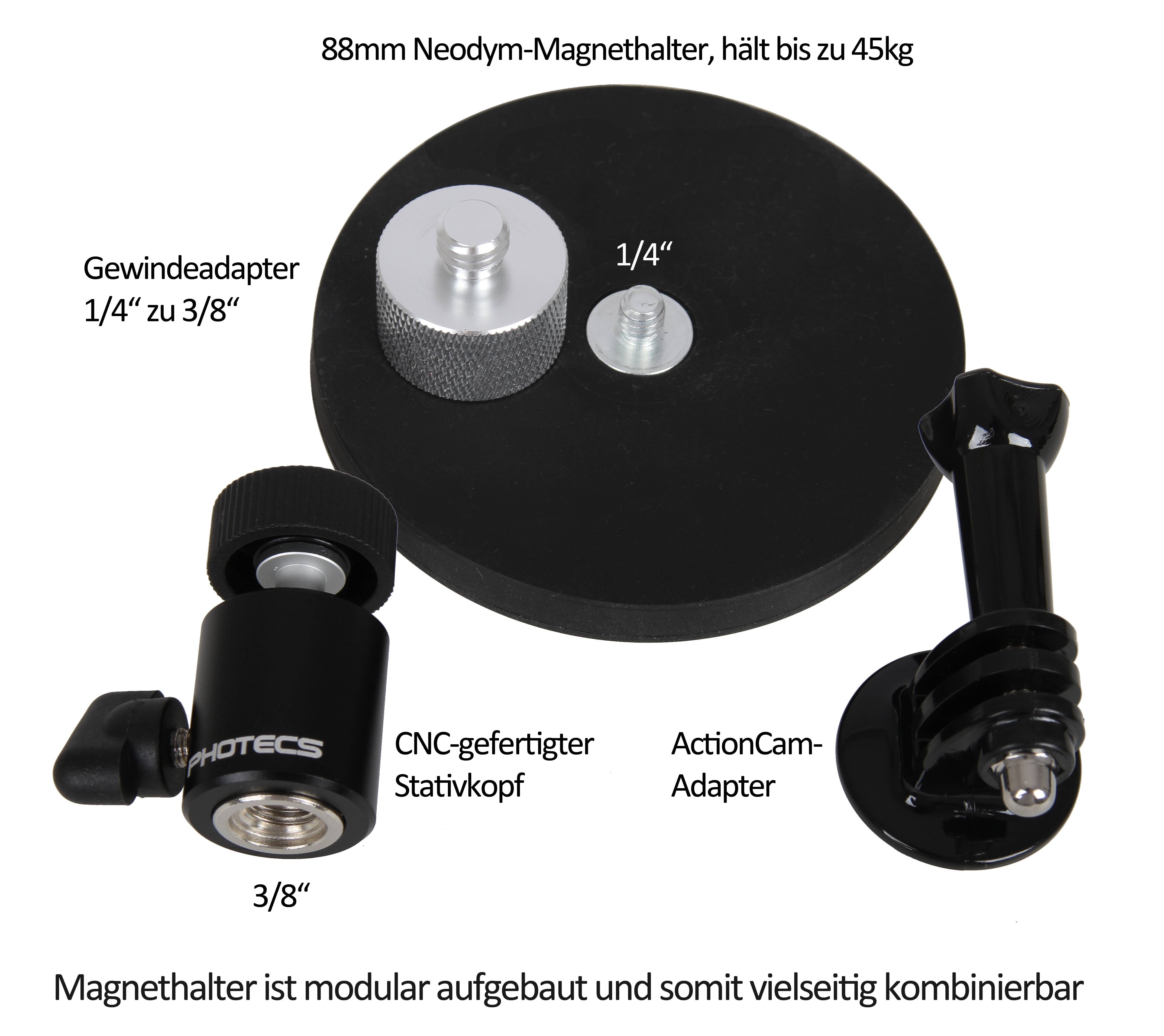 Photecs® Magnet-Halterung mit Stativkopf PMH-S2, äußerst starker Halt (bis ca. 45 kg) durch 88mm Neodym-Magneten-4