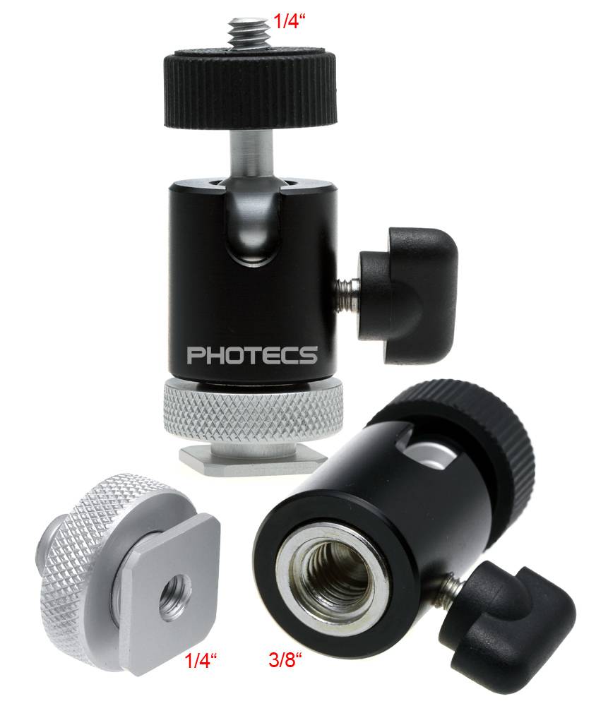 Photecs® Mini Stativkopf Pro V1, CNC-gefertigt, mit Stahlkern, 3/8", 1/4" & Blitzschuh-0