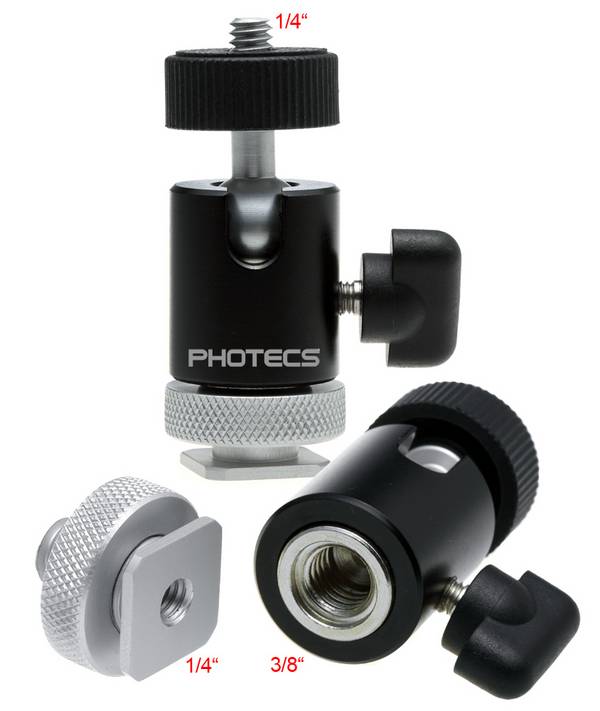 Photecs® Mini Stativkopf Pro V1, CNC-gefertigt, mit Stahlkern, 3/8", 1/4" & Blitzschuh