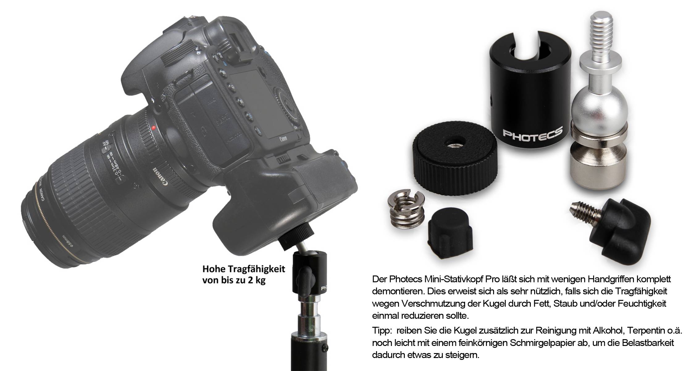 Photecs® Mini Stativkopf Pro V1, CNC-gefertigt, mit Stahlkern, 3/8", 1/4" & Blitzschuh-2