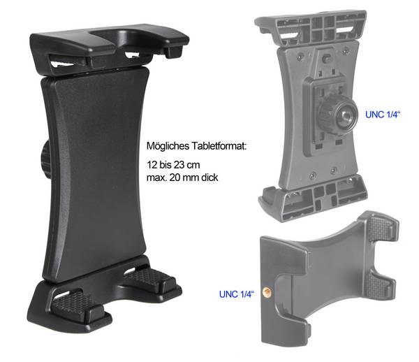 Photecs® Tablet Stativ Adapter Typ2 mit 1/4" Zoll Gewinde, f. Tablets bis 23cm Breite