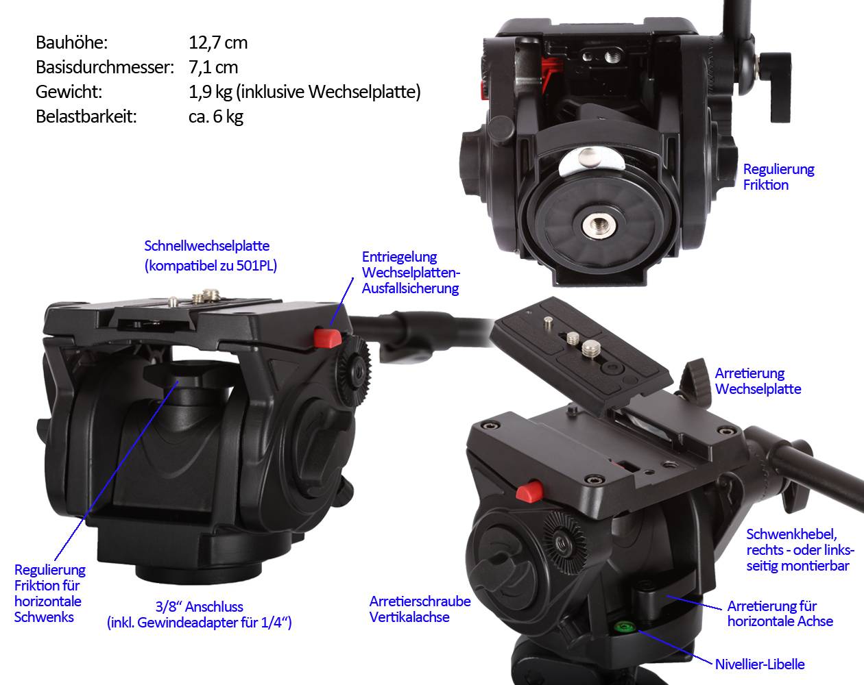 Photecs® Fluid Videokopf T2 mit flacher Basis, hochfeste Alu-Legierung, Belastbarkeit ca. 6 kg,-2