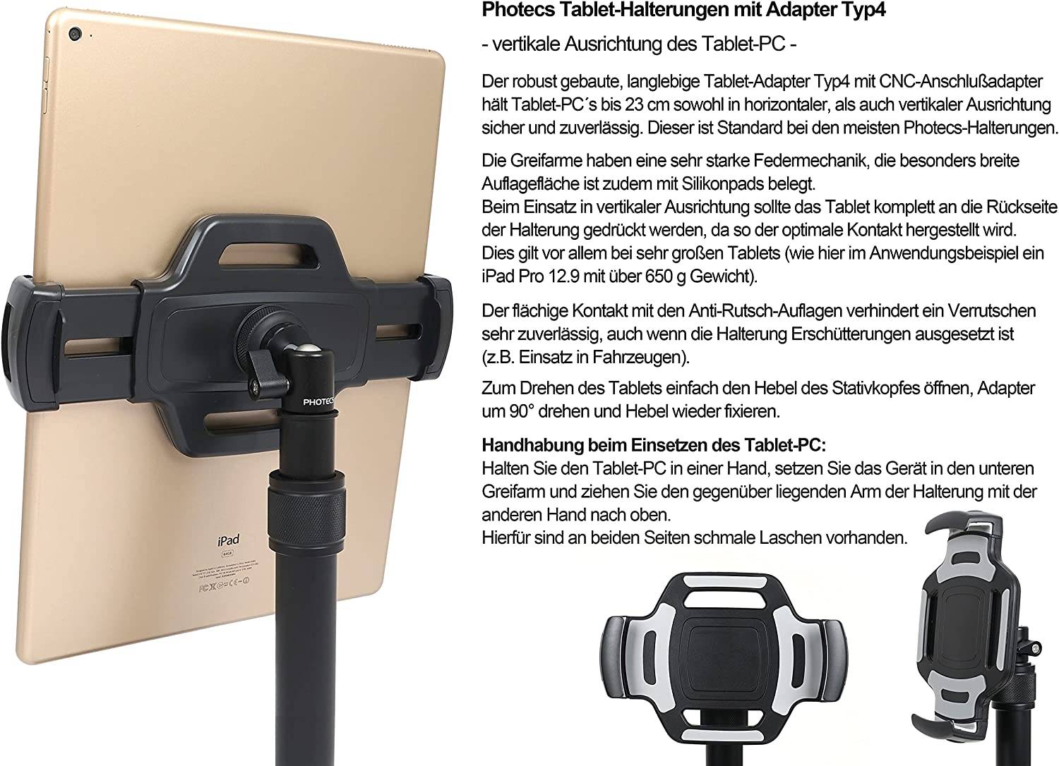 Photecs® Tablet-Halterung Pro V4-PK, höhenverstellbar mit Kniegelenk, f. iPad Pro u. andere Tablet-3
