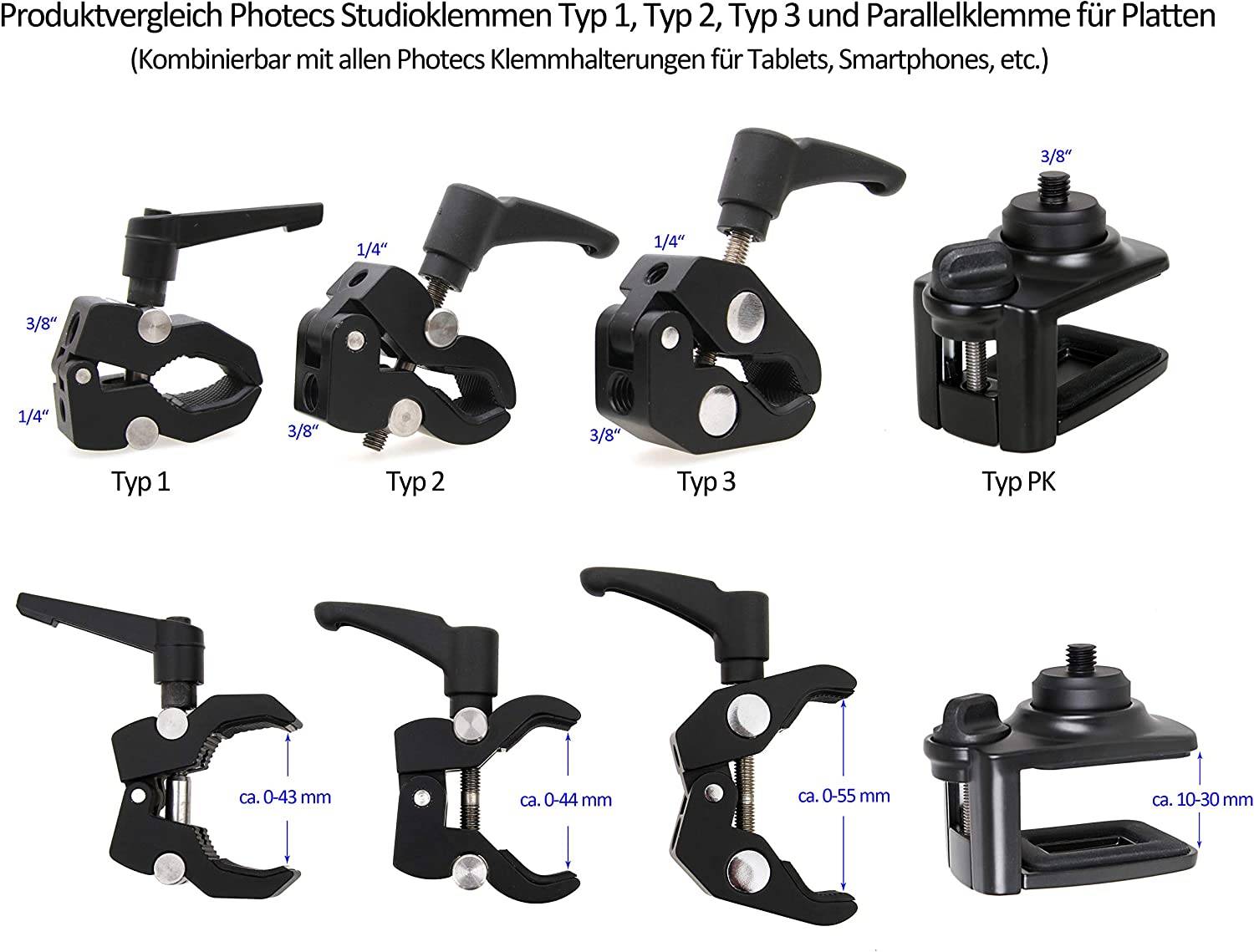 Photecs® Studio-Klemme Typ3, Foto-Klemme Stativklemme 3/8" und 1/4"-Gewinde-2