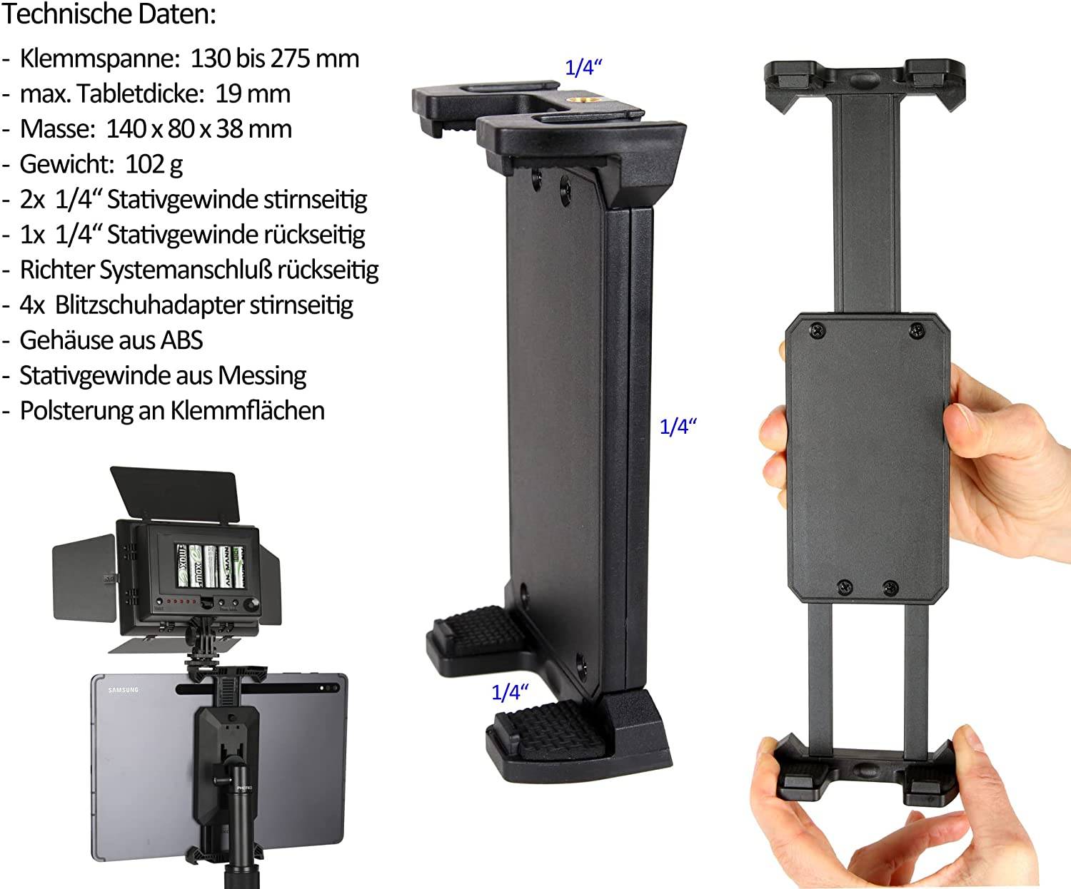 Photecs® Tablet Stativ Adapter Typ5 mit 3x 1/4" Zoll Gewinde, f. Tablets bis 28 cm Breite-1