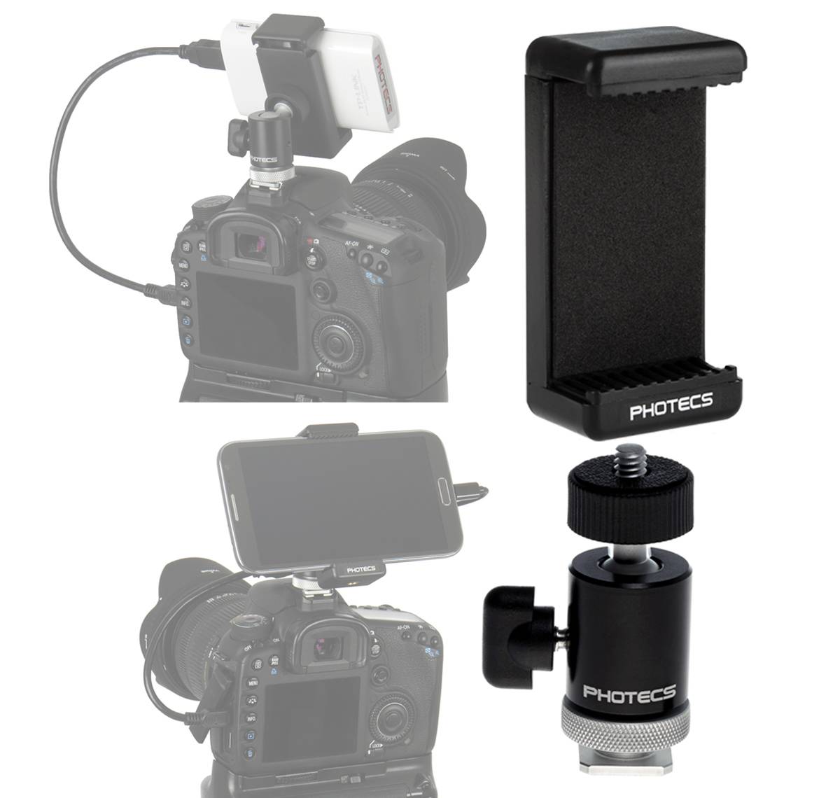 Photecs® Blitzschuh Adapter Set V6, Phone Clip klemmt Geräte von 55-85mm, Smartphone auf Blitzschuh-2