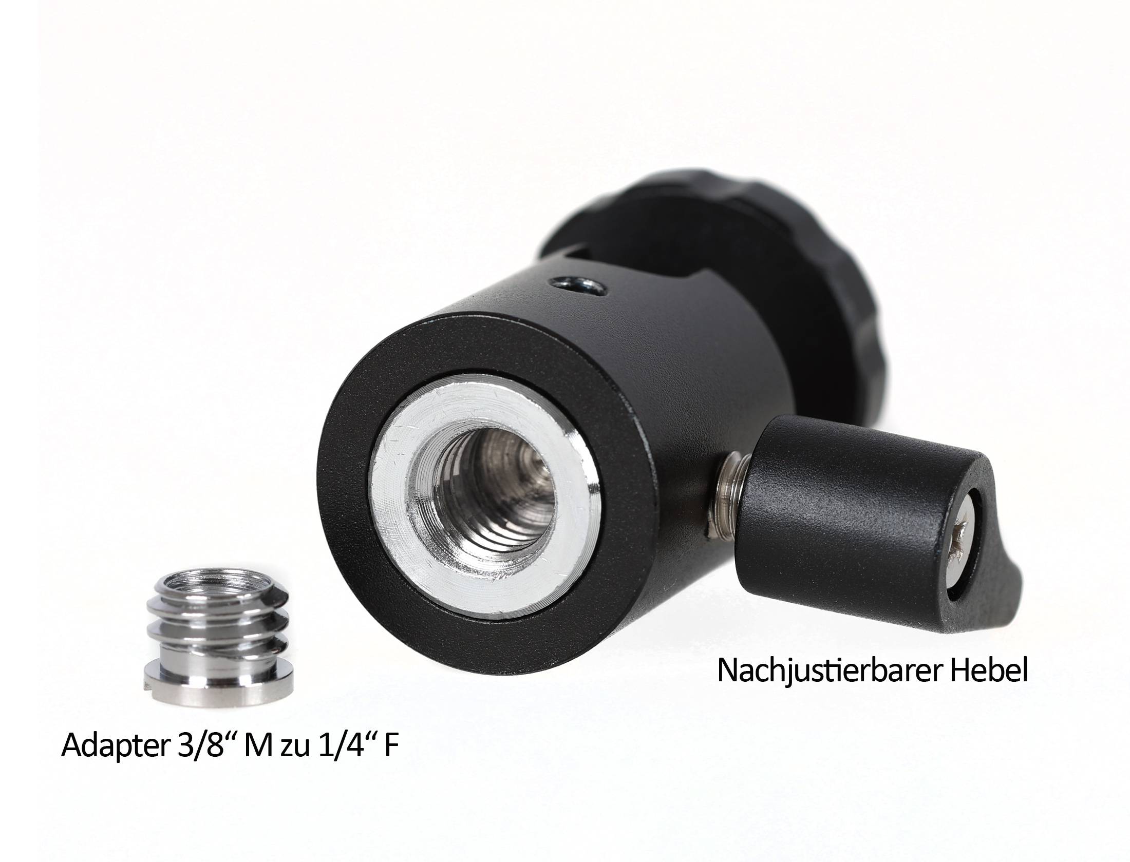 Photecs® Mini Stativkopf Pro V3, CNC-gefertigt, Anschluss 3/8" & ¼", justierb. Hebel-2
