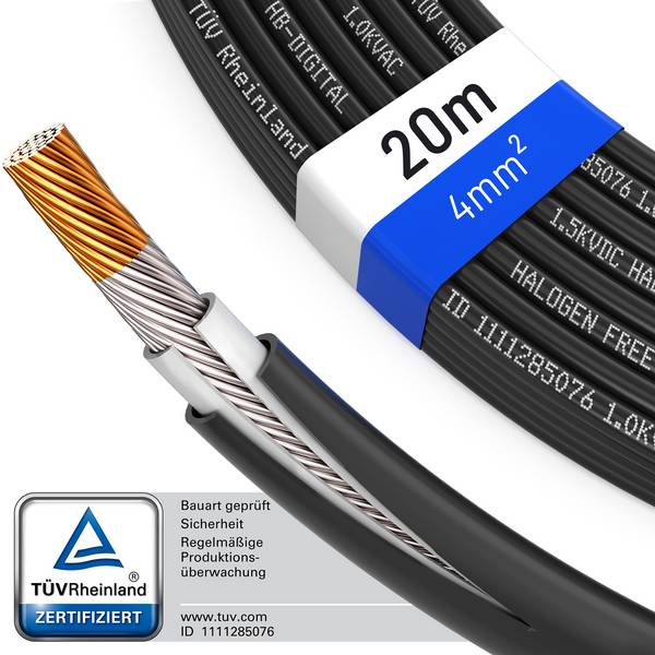 hb-digital Solarkabel 20m PV Kabel 4mm2 H1Z2Z2-K für Solaranlagen schwarz