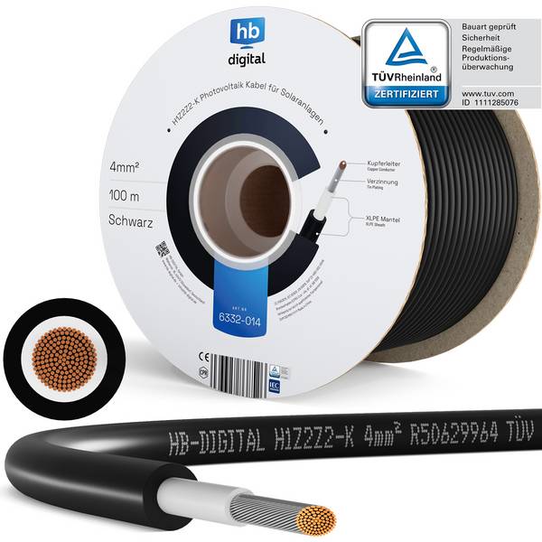 hb-digital Solarkabel 4mm2 H1Z2Z2-K PV Kabel für Solaranlagen 100m schwarz