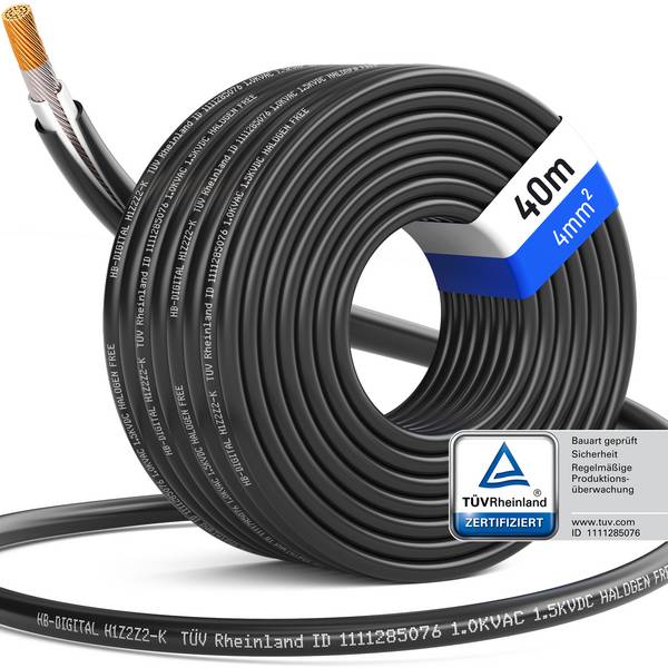 hb-digital Solarkabel 4mm2 H1Z2Z2-K PV Kabel 40m für Solaranlagen schwarz