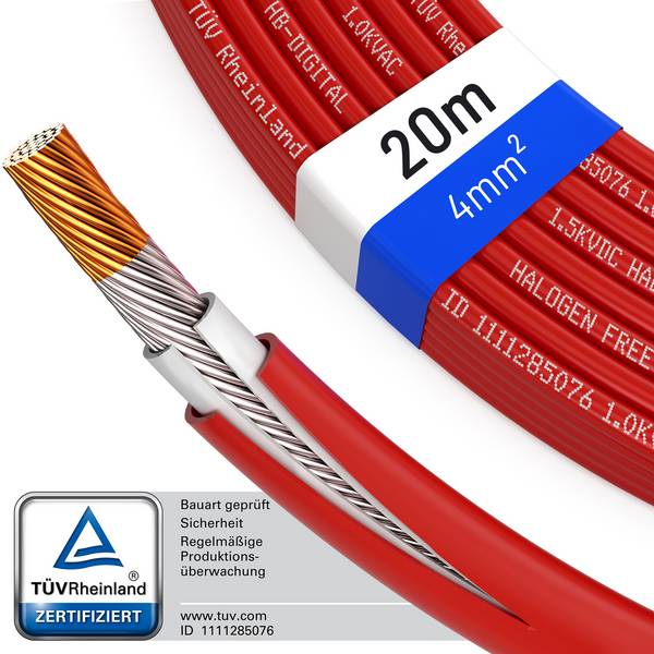 hb-digital Solar Kabel 20m 4mm2 H1Z2Z2-K Photovoltaik Kabel für PV Anlagen rot