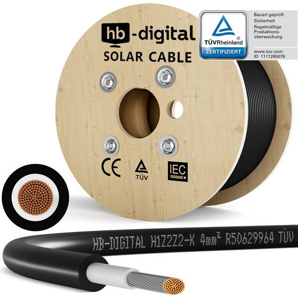 hb-digital Solarkabel 4 mm² H1Z2Z2-K TÜV Rheinland zertifiziertes PV Kabel 500m schwarz
