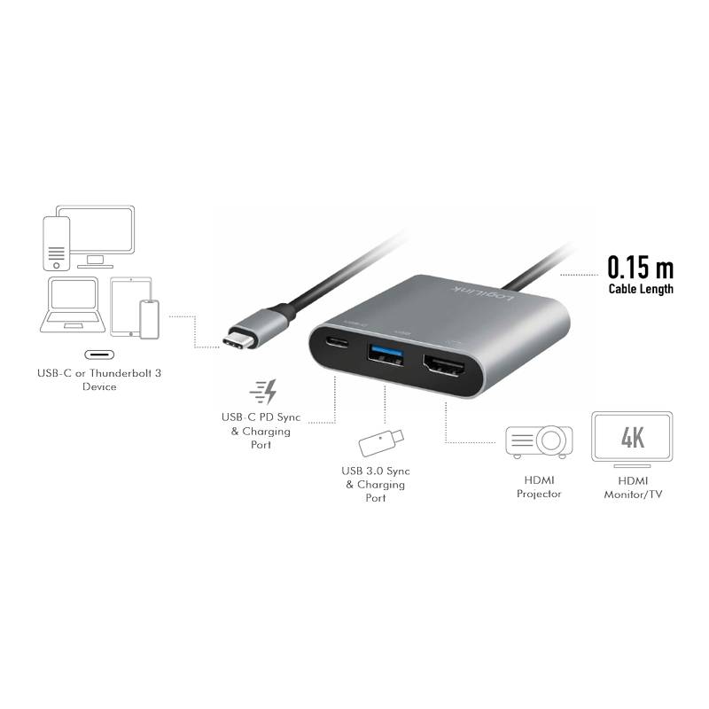 LogiLink USB 3.2 Gen1 Type-C-Adapter, C/M zu HDMI, 2x USB-A, 4K, PD, Alu, 0,15 m-3