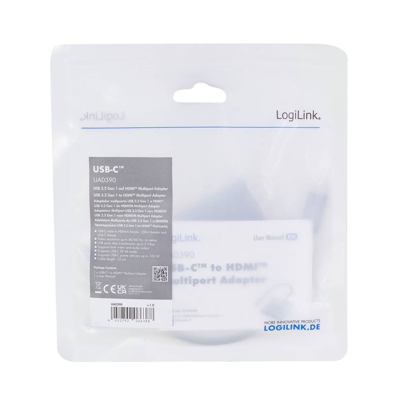 LogiLink USB 3.2 Gen1 Type-C-Adapter, C/M zu HDMI, 2x USB-A, 4K, PD, Alu, 0,15 m-4