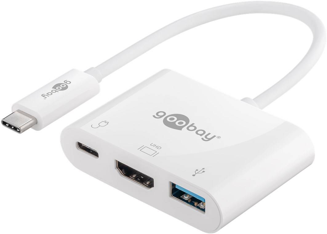 Goobay 51771 USB-C Adapter Multiport Hub 3 Port UHD 4K @ 30 Hz HDMI USB-A USB-C Buchse 60W Power Delivery Verteiler Weiß