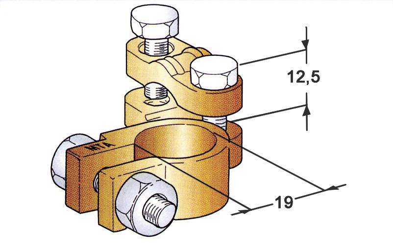 Illustration eines Kupferkabelverbinders mit zwei Bolzen. Maße: 12,5 mm Höhe und 19 mm Breite. Hauptteil ist klammerartig geformt.