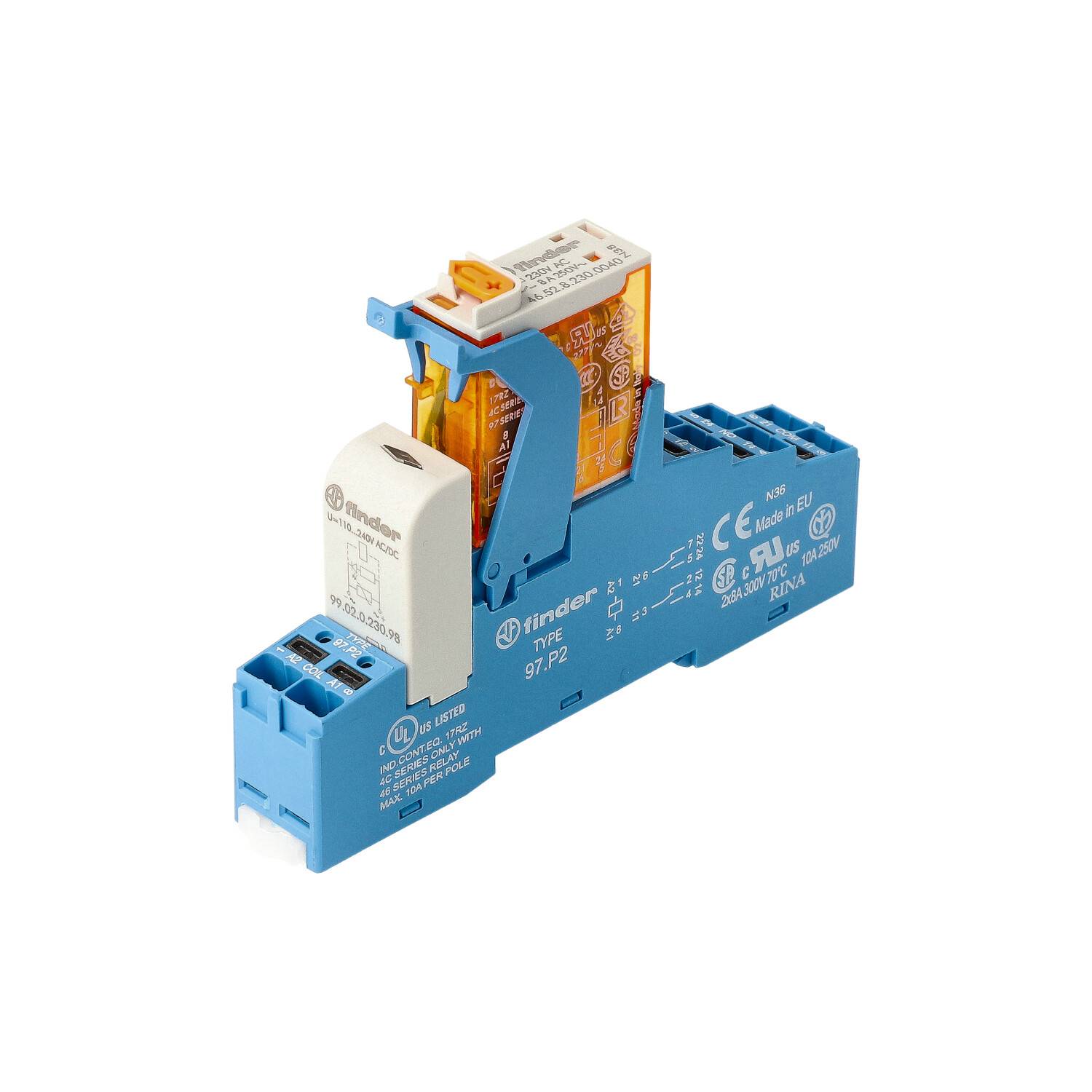 FIN 4C.P2.8.230.0060 Koppelrelais, Push-In-Klemmen, 2 Wechsler 8 A, Spule 230 V