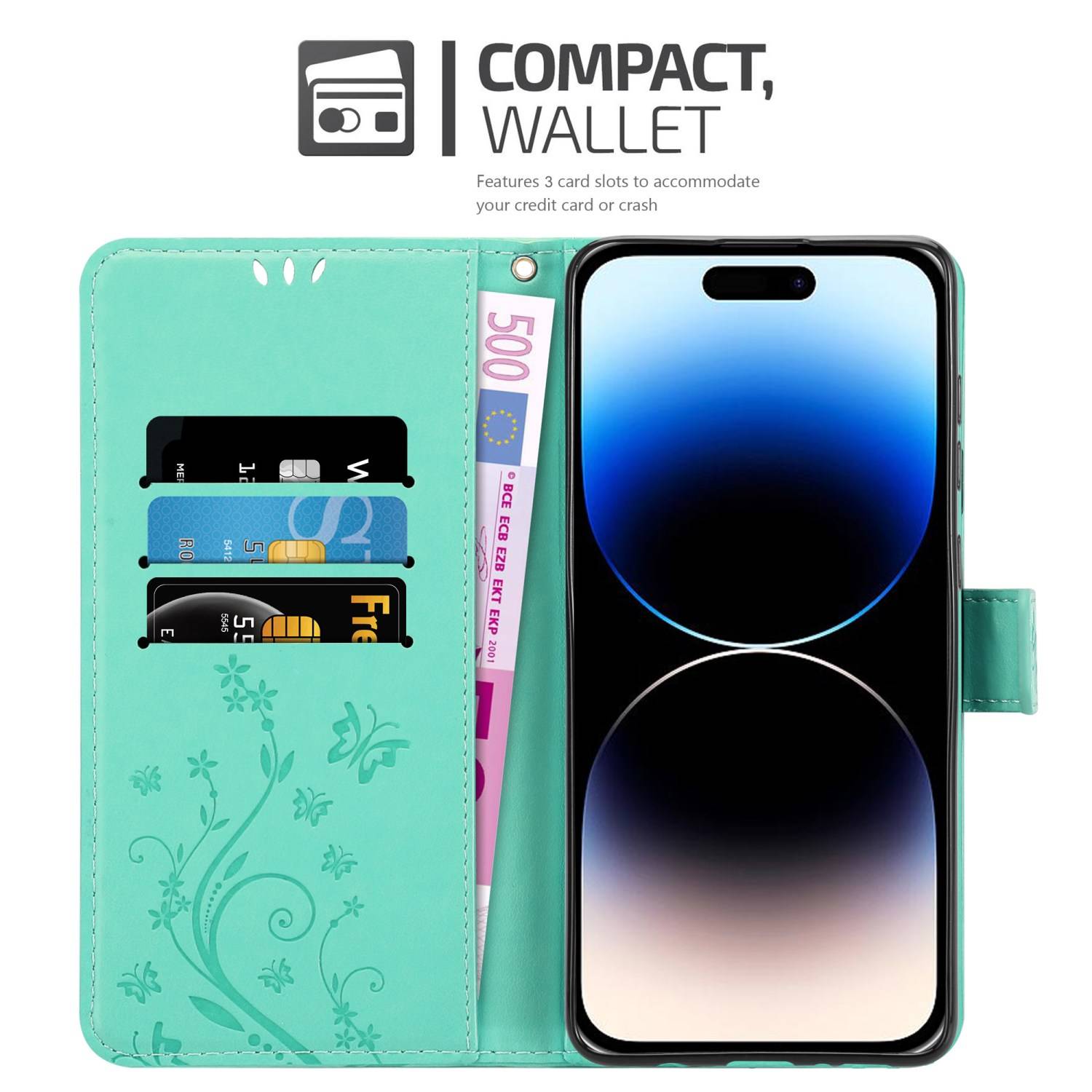 Cadorabo Hülle für Apple iPhone 14 PRO Schutz Hülle in Türkis Schutzhülle Handy Hülle Etui Case Blumen Flower-2