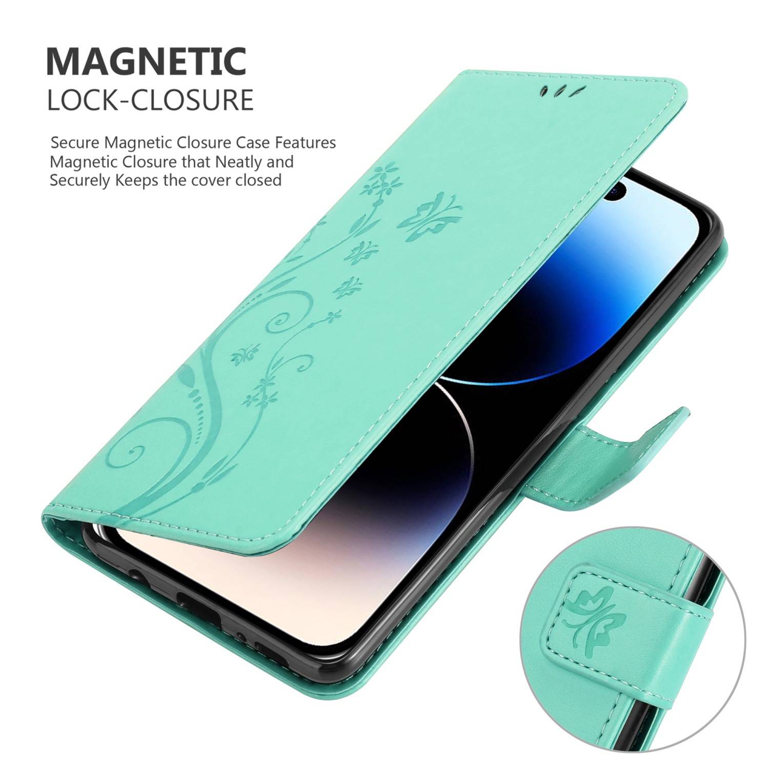 Cadorabo Hülle für Apple iPhone 14 PRO Schutz Hülle in Türkis Schutzhülle Handy Hülle Etui Case Blumen Flower-4