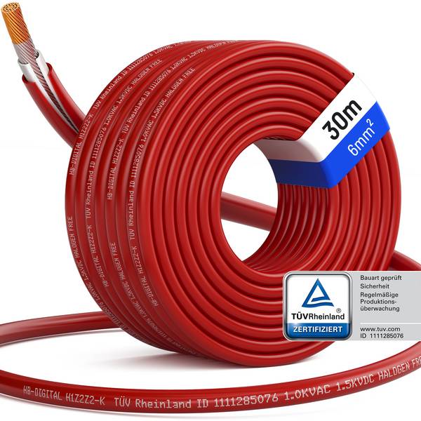 hb-digital 30m Solarkabel 6 mm² H1Z2Z2-K Photovoltaik Kabel für Solaranlagen rot