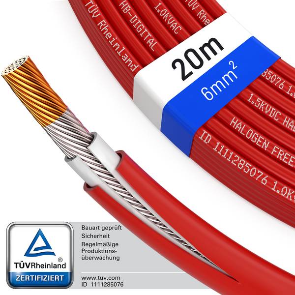 hb-digital Solarkabel 20m PV Kabel 6mm2 H1Z2Z2-K für Solaranlagen rot