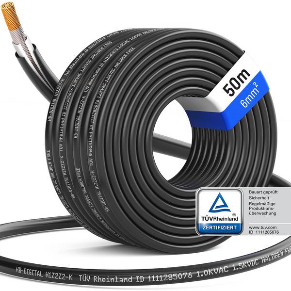 hb-digital Solarkabel 6mm2 H1Z2Z2-K Photovoltaik Kabel 50m für Solaranlagen schwarz