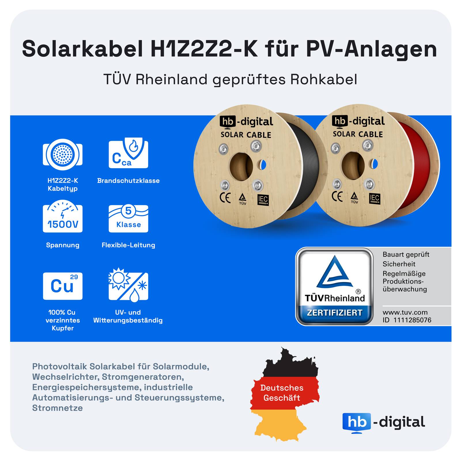hb-digital Solar Kabel 20m 4mm2 H1Z2Z2-K Photovoltaik Kabel für PV Anlagen rot-2