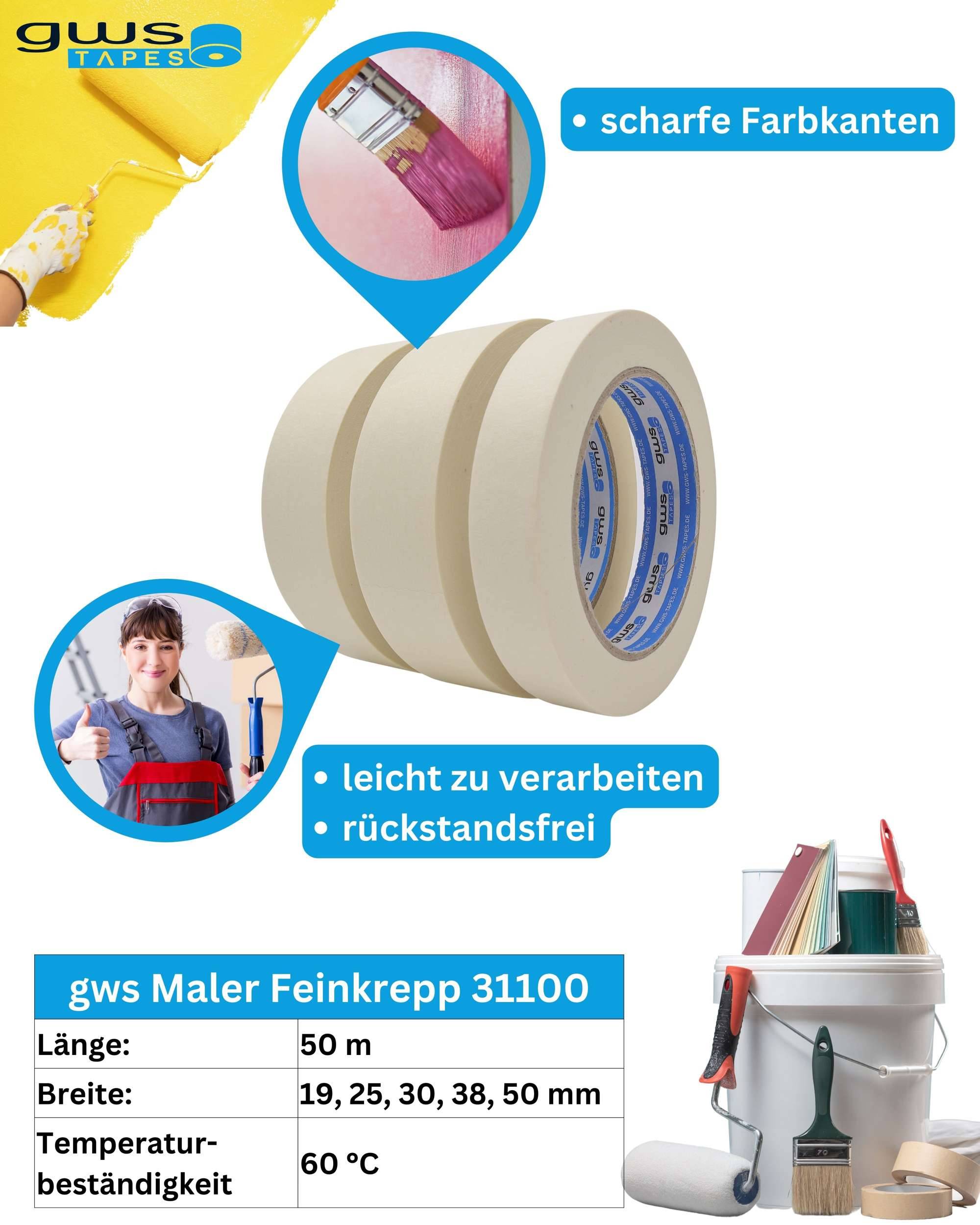 gws Maler-Kreppband, Für feine und saubere Farbkanten, 50 m x 19 mm, naturweiß-1