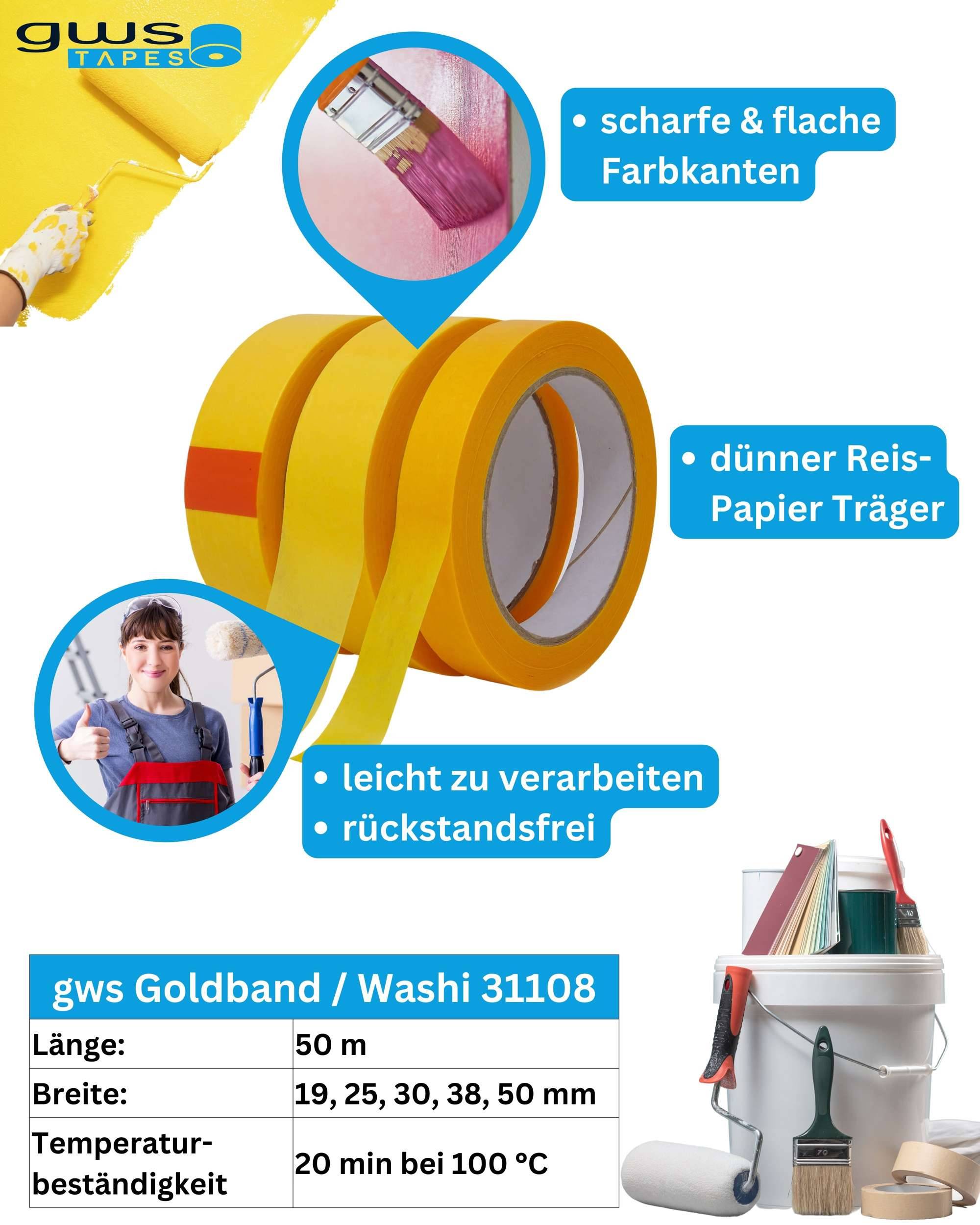 gws Washi Tape, dünnes Goldband für flache Farbkanten, 50 m x 30 mm, gelb-1