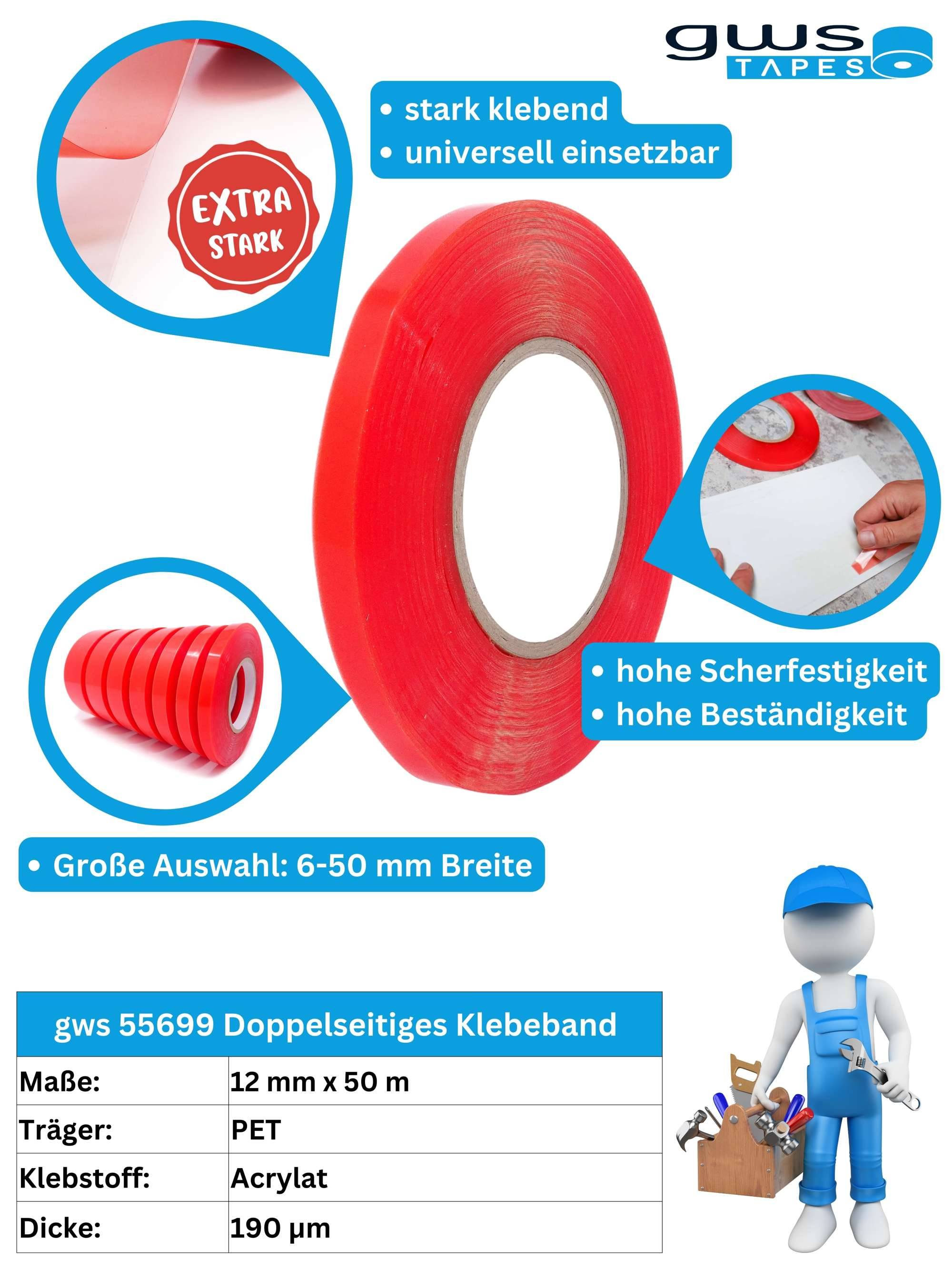 gws 55699 Doppelseitiges Klebeband Premium, 50 m x 12 mm-2