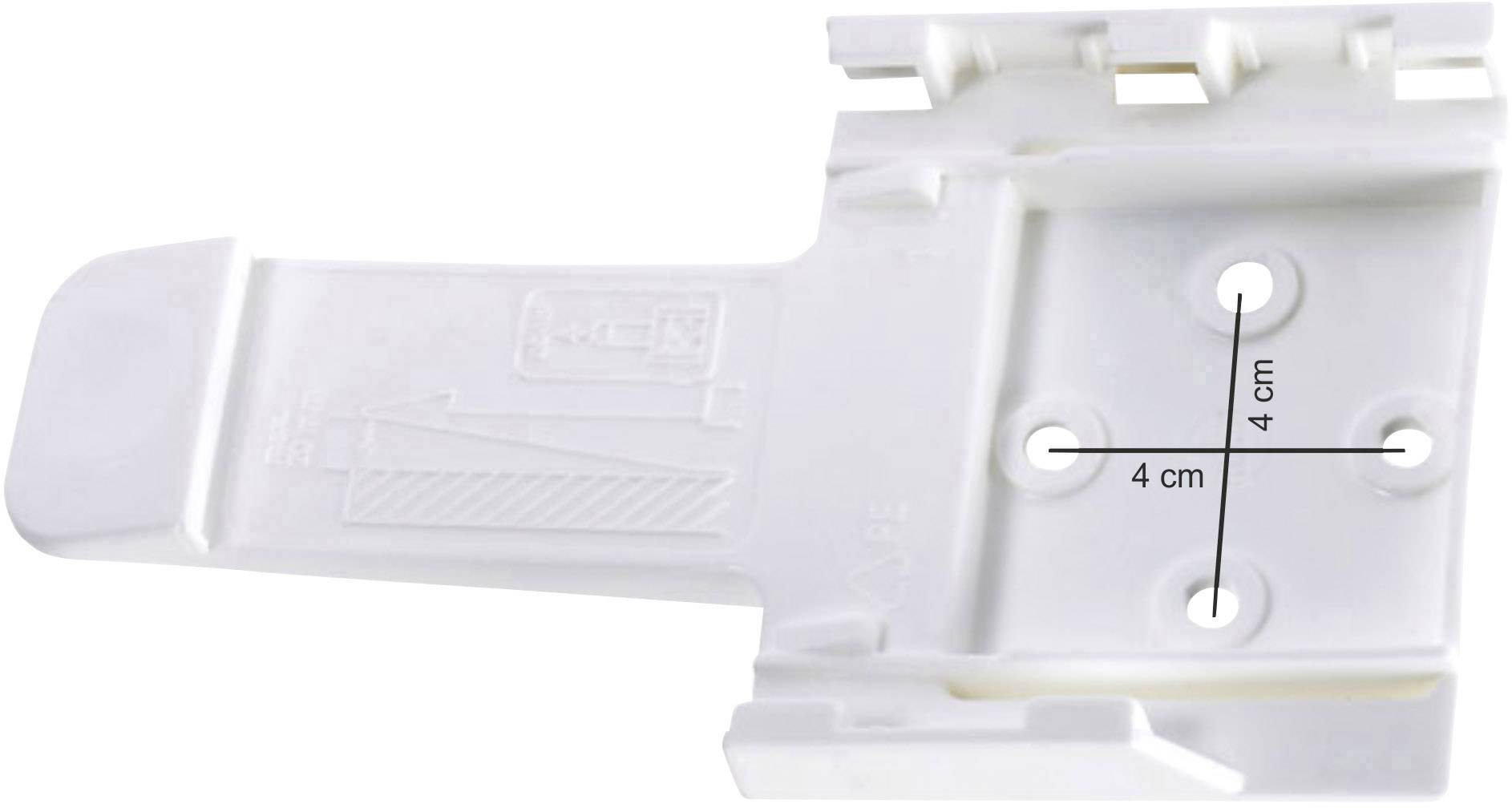 Ein weißer Kunststoffhalter mit vier Schraublöchern. Eine Linie zeigt 4 cm Abstand zwischen den Löchern.