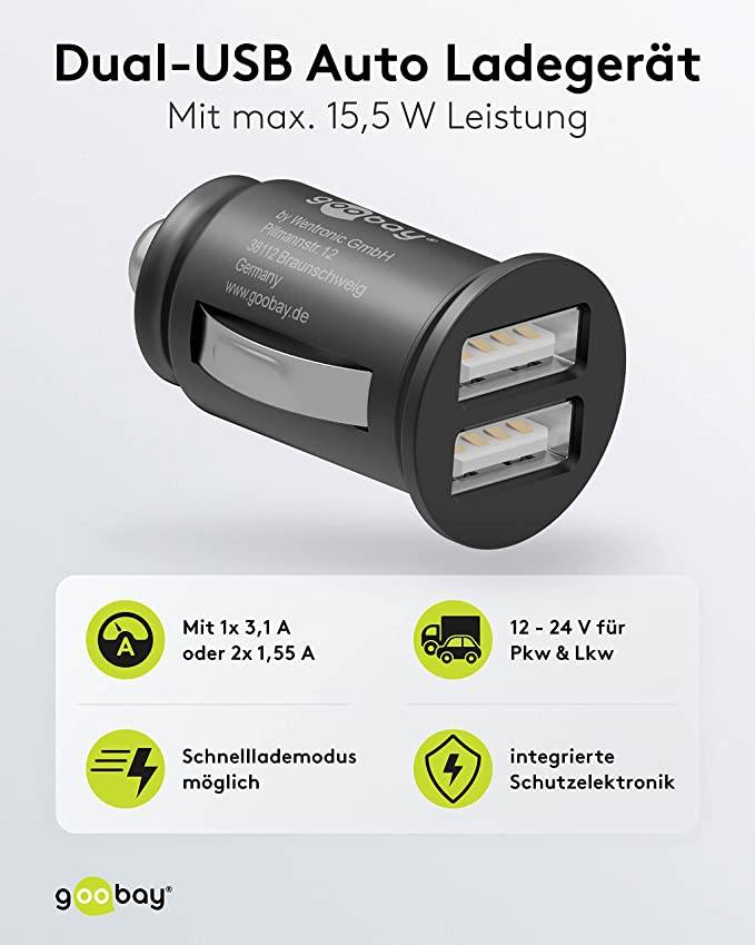 Goobay 58912 Dual Kfz USB Adapter Zigarettenanzünder / Auto Ladegerät 15,5W / USB-A Ladeadapter Mini Ladestecker Schwarz-1