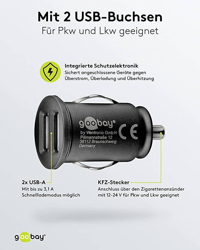 Goobay 58912 Dual Kfz USB Adapter Zigarettenanzünder / Auto Ladegerät 15,5W / USB-A Ladeadapter Mini Ladestecker Schwarz-3