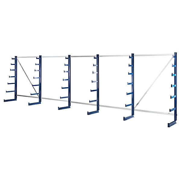 Kragarmregal mit nach oben verjüngender Kragarm-Länge Regallänge 6750 mm einseitig enzianblau. TAKKT Industrial-0