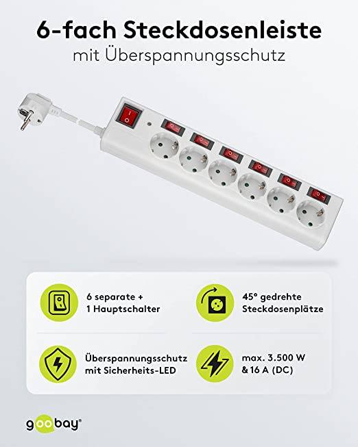 Goobay 72568 6fach Steckdosenleiste mit Schalter Steckdosen einzeln schaltbar Mehrfachsteckdose Steckleiste 1.5m Weiß-2