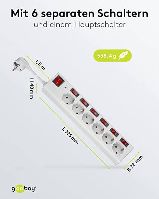 Goobay 72568 6fach Steckdosenleiste mit Schalter Steckdosen einzeln schaltbar Mehrfachsteckdose Steckleiste 1.5m Weiß-3