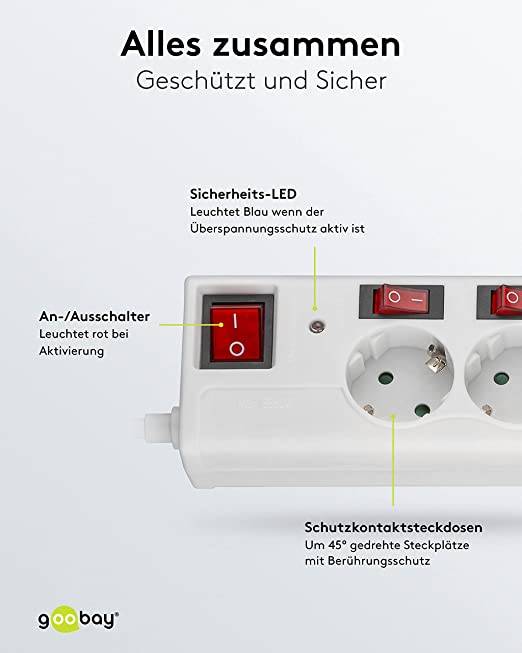 Goobay 72568 6fach Steckdosenleiste mit Schalter Steckdosen einzeln schaltbar Mehrfachsteckdose Steckleiste 1.5m Weiß-4