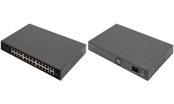 DIGITUS - 24-Port Fast Ethernet PoE Netzwerkswitch, 19 Zoll, unmanaged, 2+1 Uplink Ports, RJ45 + SFP, 240 W, af/at-5