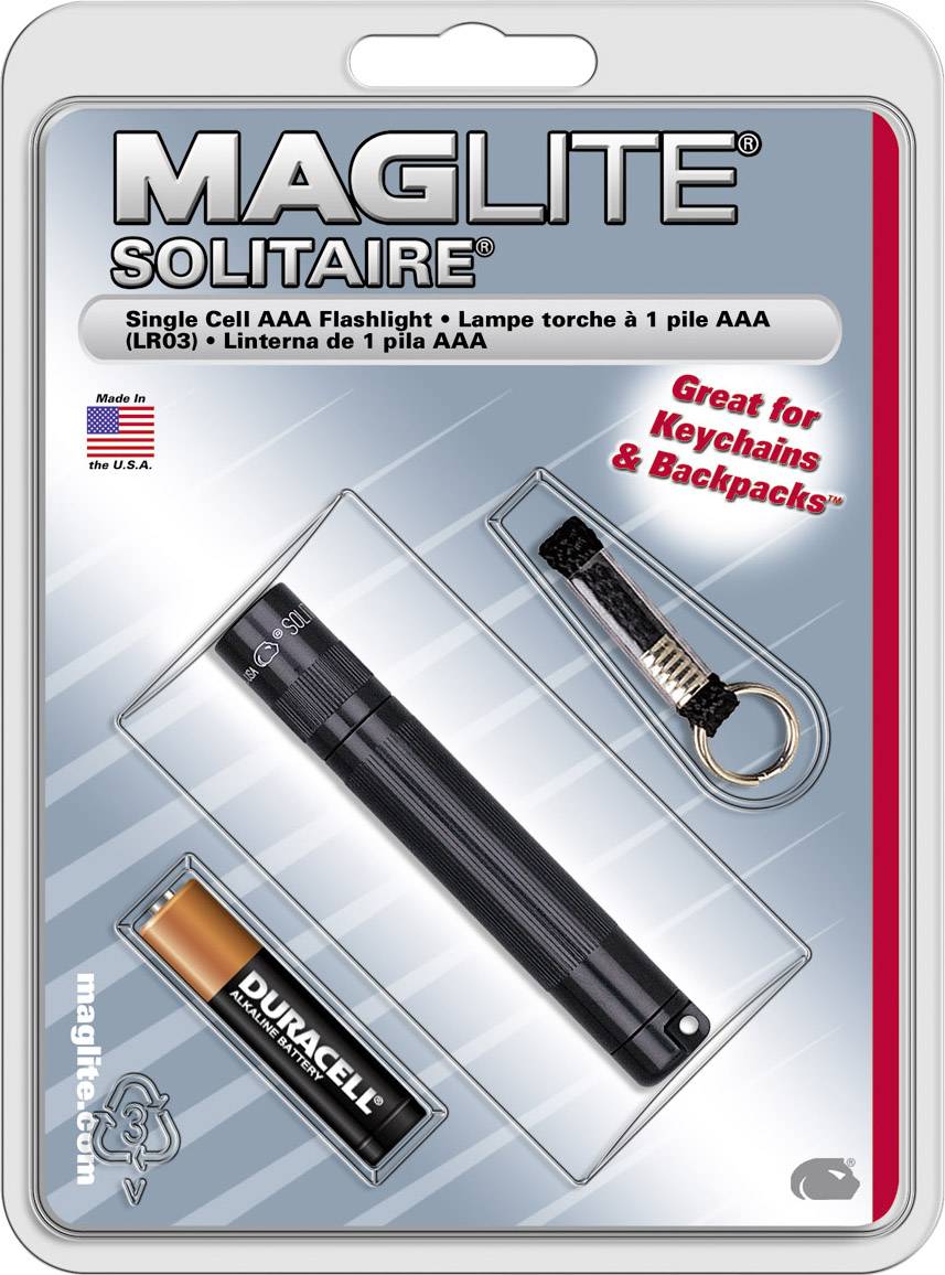 Verpackung mit einer kleinen Maglite Solitaire Taschenlampe, einer AAA-Batterie und einem Schlüsselring, ideal für Rucksäcke.