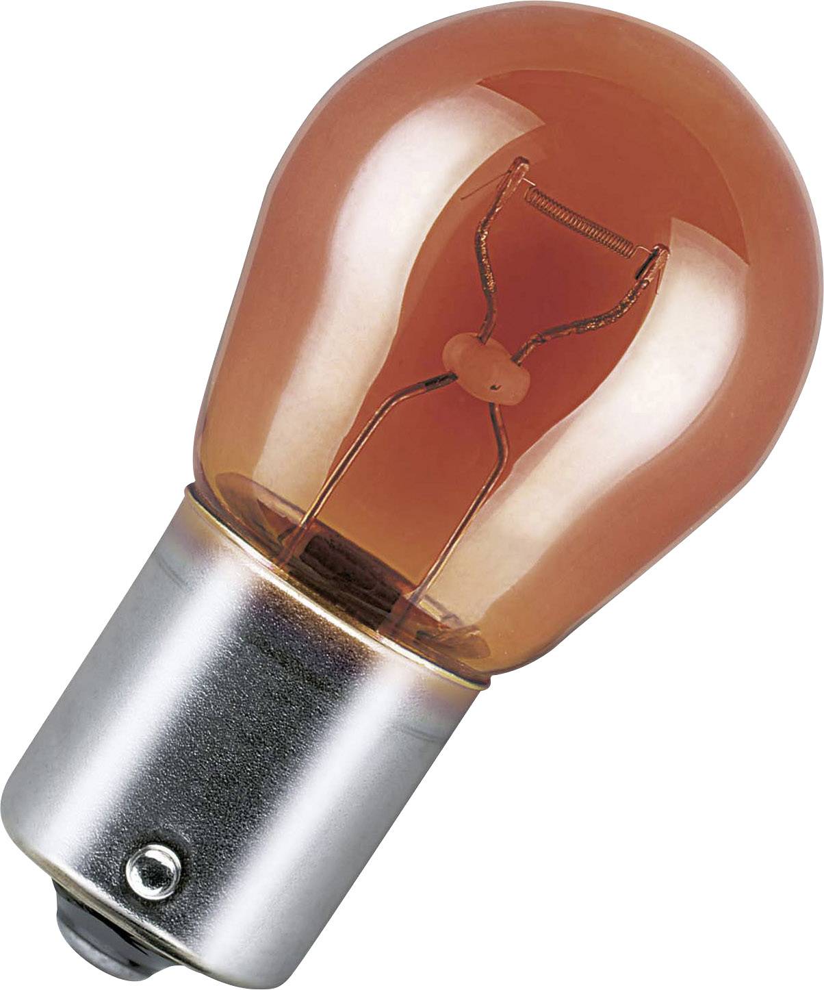 Eine orangefarbene Glühbirne mit silbernem Sockel, sichtbar sind die Filamentdrähte innen.