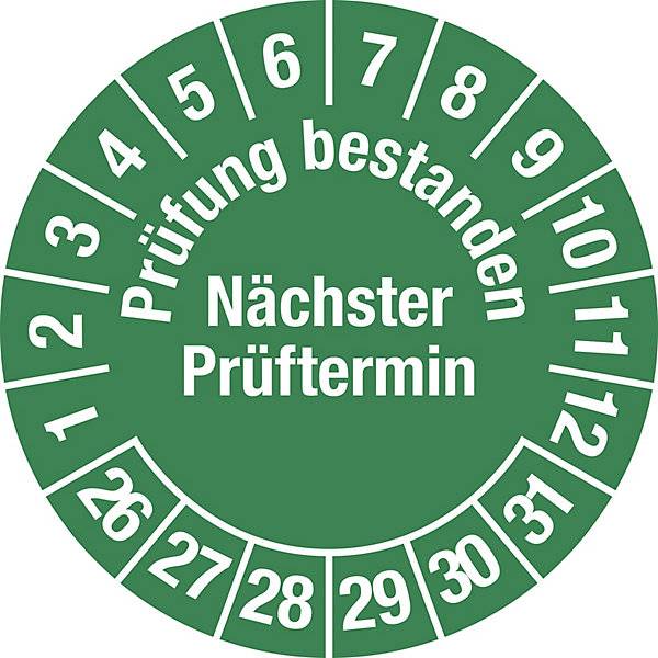 Prüfung bestanden Dokumentenfolie Ø 30 mm VE 10 Stk 26 - 31 grün. H. Marahrens Sicherheits- | Industrie- u.-0