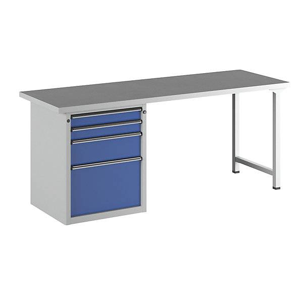 Werkbank Gestellbauweise Serie V 4 Schubladen mit 2 x 90 1 x 180 1 x 360 mm Universalplatte Breite 2000 mm.-0
