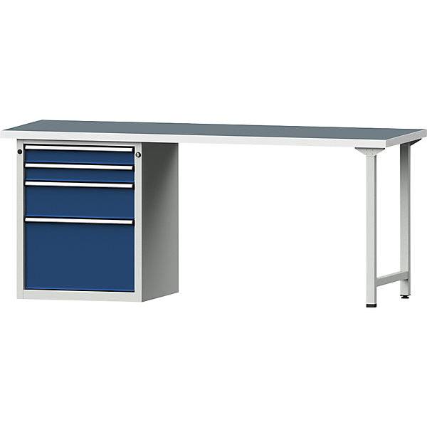 Werkbank Gestellbauweise Serie V 4 Schubladen mit 2 x 90 1 x 180 1 x 360 mm Universalplatte Breite 2000 mm.-1
