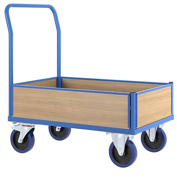 Plattformwagen mit Holzwänden mit 4 halbhohen Wänden LxB 1100 x 700 mm Vollelastik. TAKKT Industrial &-1