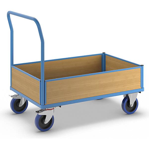 Plattformwagen mit Holzwänden mit 4 halbhohen Wänden LxB 1300 x 800 mm Vollelastik. TAKKT Industrial &