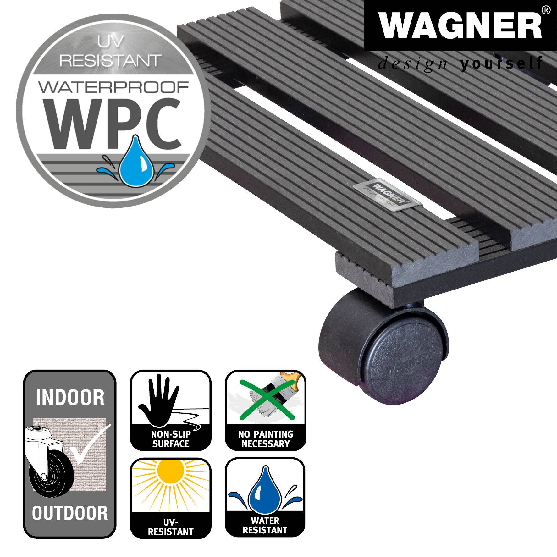 WAGNER Pflanzenroller WPC 29 x 29 x 8 cm, für außen & innen, anthrazit, wetterfest, Tragkraft 60 kg - 20050001-3