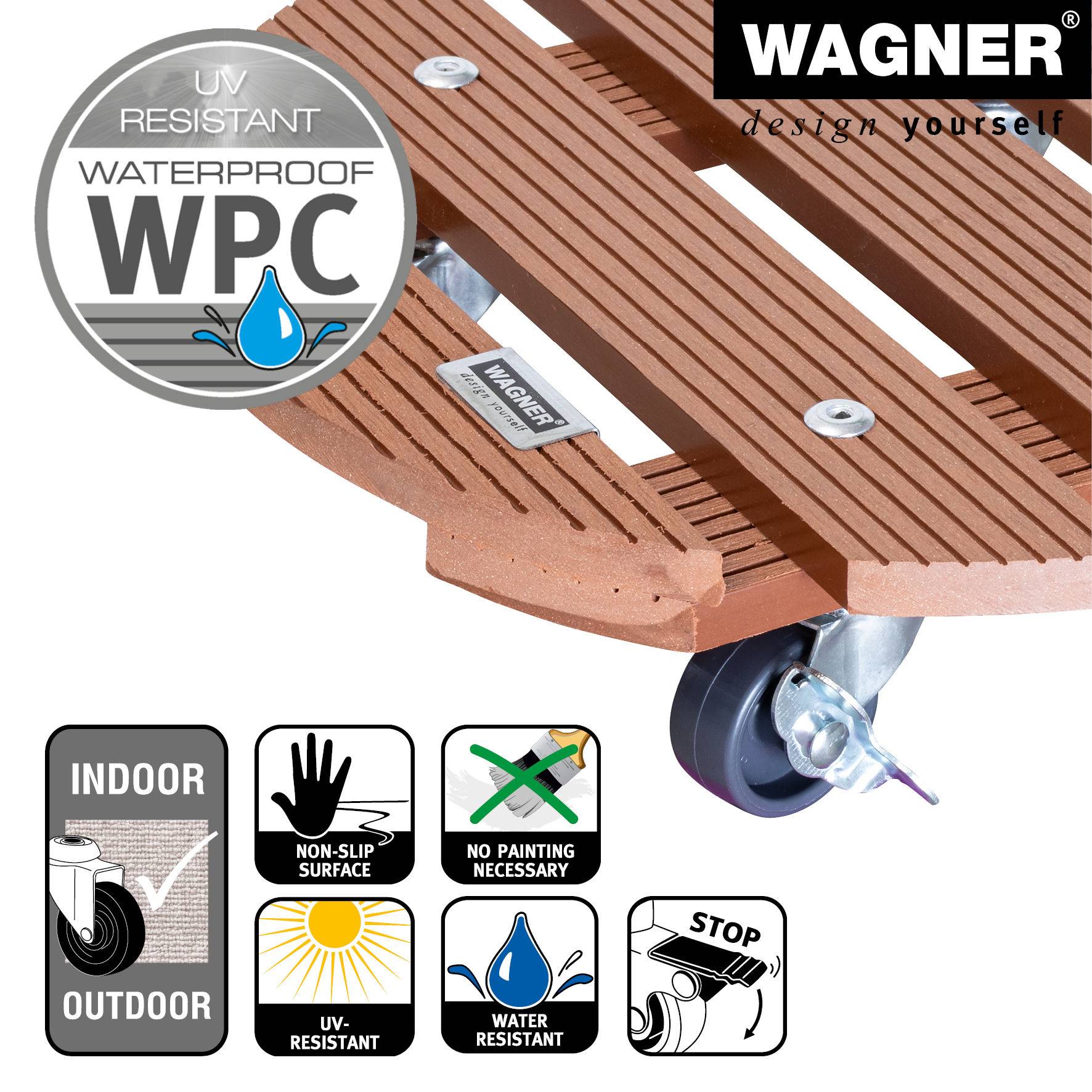 WAGNER Pflanzenroller WPC Ø 29 x 7,5 cm, für außen&innen, anthrazit wetterfest, Feststeller, Tragkraft 100 kg - 20053501-3