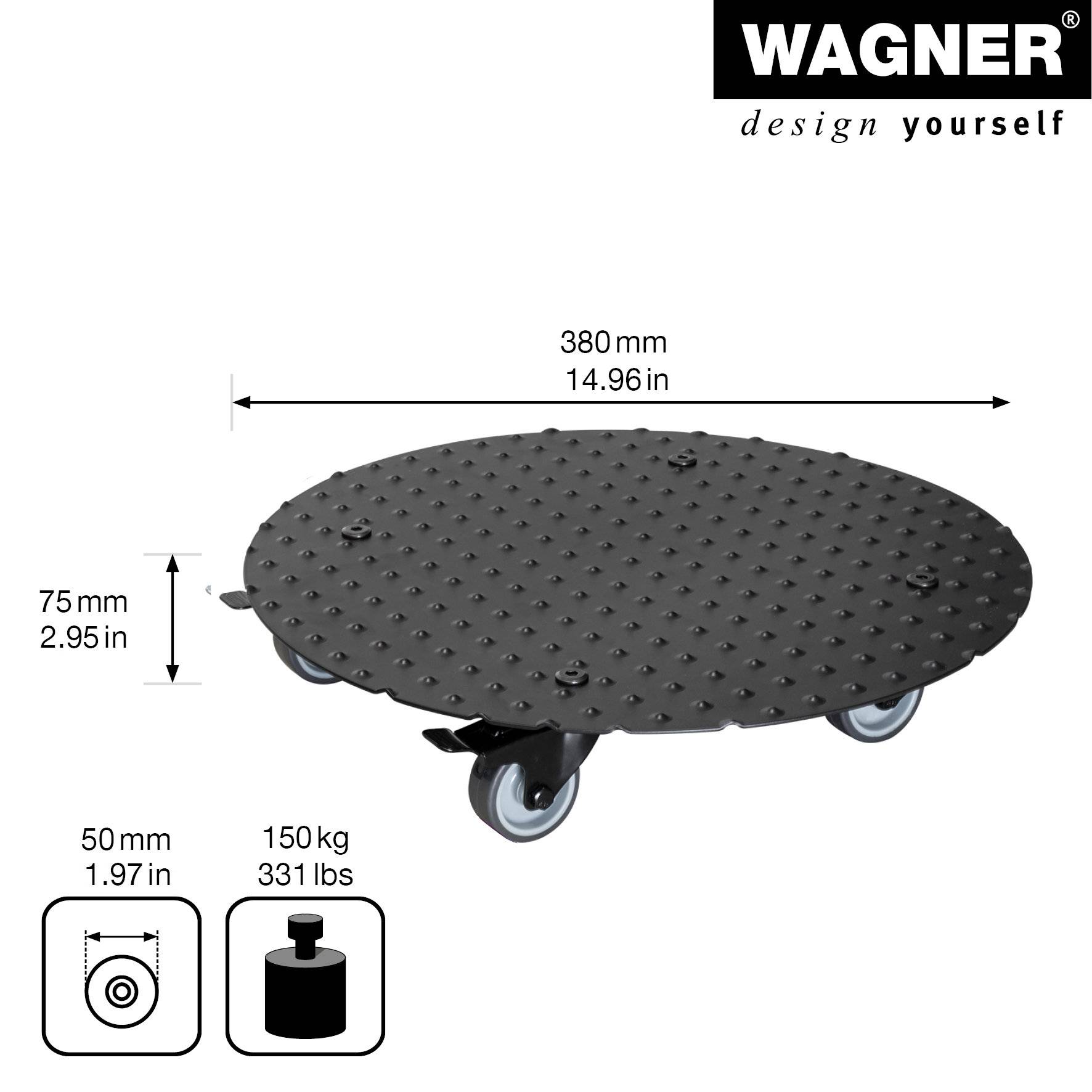 WAGNER Pflanzenroller ALASKA BLACK Ø 38 x 7,5 cm, Alu Riffelblech, Softrollen&Bremsen, max 150 kg, DE Ware - 20700601-1